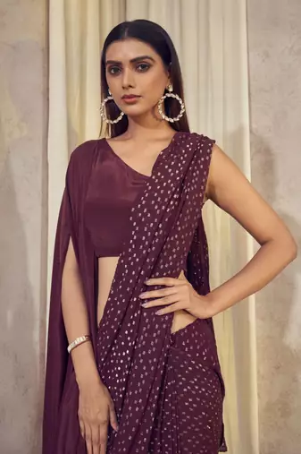 Wine Sitaara Saree With Asymmetrical Cape Blouse