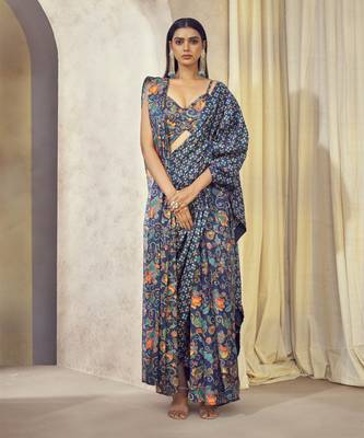 Blue Maaya Pre Drape Double Pallu Saree With Butterfly Top 1