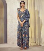 Blue Maaya Pre Drape Double Pallu Saree With Butterfly Top