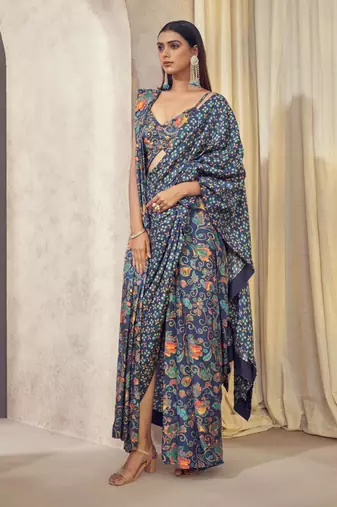 Blue Maaya Pre Drape Double Pallu Saree With Butterfly Top