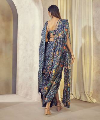 Blue Maaya Pre Drape Double Pallu Saree With Butterfly Top 3