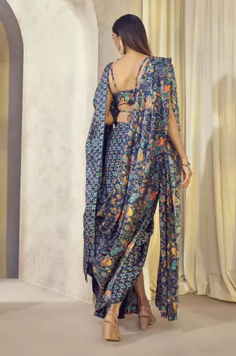 Blue Maaya Pre Drape Double Pallu Saree With Butterfly Top