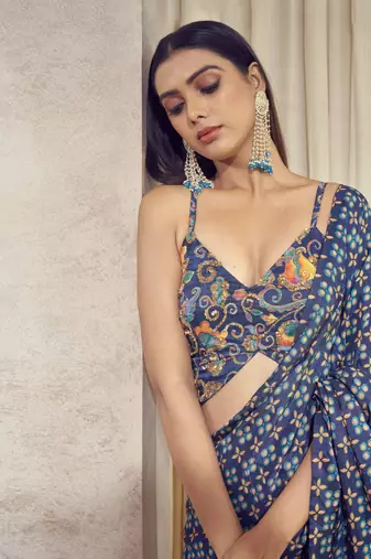 Blue Maaya Pre Drape Double Pallu Saree With Butterfly Top