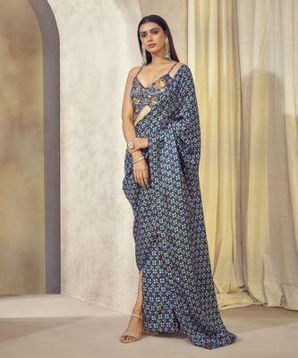 Blue Maaya Pre Drape Saree With Butterfly Top 1