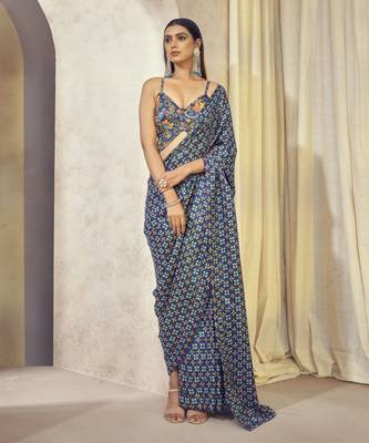 Blue Maaya Pre Drape Saree With Butterfly Top 2