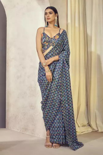 Blue Maaya Pre Drape Saree With Butterfly Top