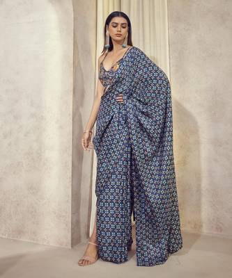 Blue Maaya Pre Drape Saree With Butterfly Top 3
