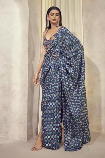 Blue Maaya Pre Drape Saree With Butterfly Top