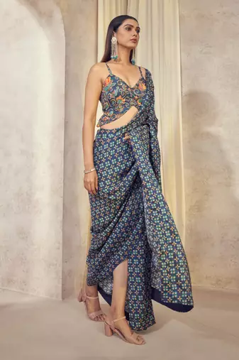 Blue Maaya Pre Drape Saree With Butterfly Top