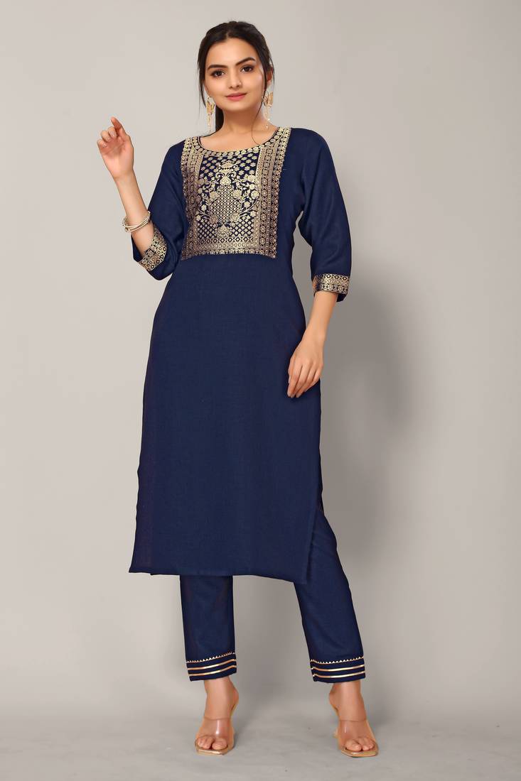 Navy Blue Trendy cotton silk long-kurtis