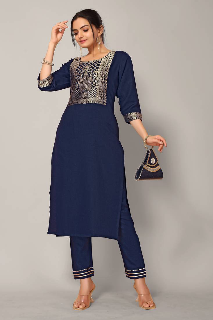 Navy Blue Trendy cotton silk long-kurtis
