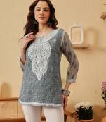 Hand Embroidered Grey Georgette Lucknowi Chikankari Indian Women Short Kurti With Slip