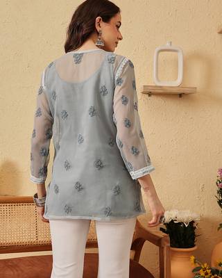 Hand Embroidered Grey Georgette Lucknowi Chikankari Indian Women Short Kurti With Slip 2