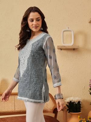 Hand Embroidered Grey Georgette Lucknowi Chikankari Indian Women Short Kurti With Slip 3