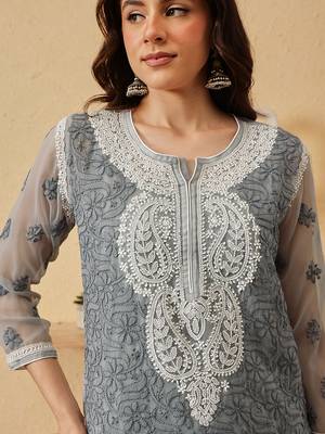 Hand Embroidered Grey Georgette Lucknowi Chikankari Indian Women Short Kurti With Slip 5