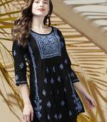 Hand Crafted Black & Blue Cotton Lucknow Chikankari Indian Women Short Kurti