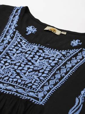 Hand Crafted Black & Blue Cotton Lucknow Chikankari Indian Women Short Kurti 2