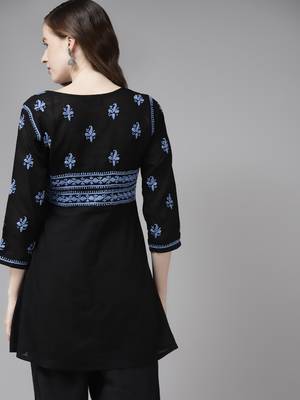 Hand Crafted Black & Blue Cotton Lucknow Chikankari Indian Women Short Kurti 3