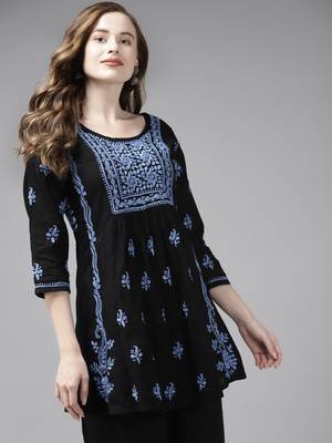 Hand Crafted Black & Blue Cotton Lucknow Chikankari Indian Women Short Kurti 4