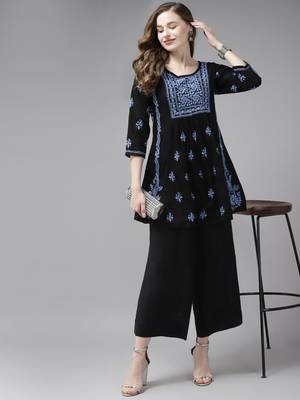 Hand Crafted Black & Blue Cotton Lucknow Chikankari Indian Women Short Kurti 5