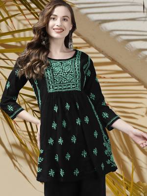 Handmade Black & Green Cotton Lucknowi Chikankari Indian Women Short Kurti 1