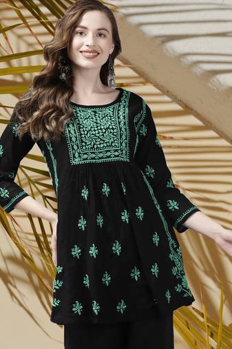 Handmade Black & Green Cotton Lucknowi Chikankari Indian Women Short Kurti