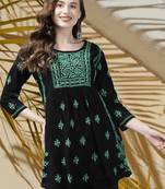 Handmade Black & Green Cotton Lucknowi Chikankari Indian Women Short Kurti