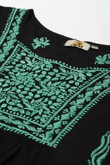 Handmade Black & Green Cotton Lucknowi Chikankari Indian Women Short Kurti