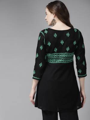 Handmade Black & Green Cotton Lucknowi Chikankari Indian Women Short Kurti 3