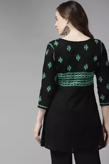 Handmade Black & Green Cotton Lucknowi Chikankari Indian Women Short Kurti