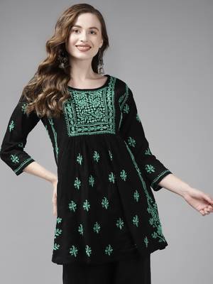 Handmade Black & Green Cotton Lucknowi Chikankari Indian Women Short Kurti 4