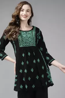 Handmade Black & Green Cotton Lucknowi Chikankari Indian Women Short Kurti