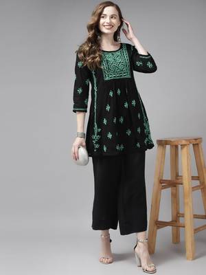Handmade Black & Green Cotton Lucknowi Chikankari Indian Women Short Kurti 5