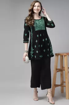 Handmade Black & Green Cotton Lucknowi Chikankari Indian Women Short Kurti