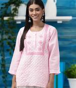 Hand Embroidered Baby Pink Cotton Lucknowi Chikankari Indian Women Straight Short Kurti