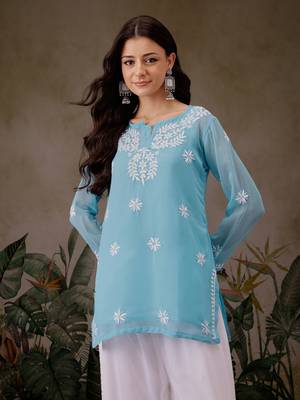 Hand Crafted Blue Georgette Lucknowi Chikankari Short Kurti With Slip 1