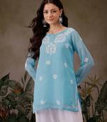 Hand Crafted Blue Georgette Lucknowi Chikankari Short Kurti With Slip