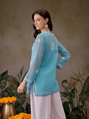 Hand Crafted Blue Georgette Lucknowi Chikankari Short Kurti With Slip 2