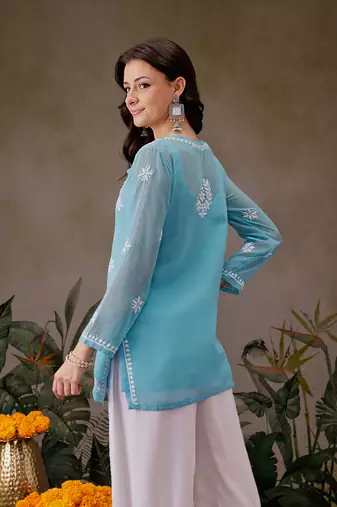 Hand Crafted Blue Georgette Lucknowi Chikankari Short Kurti With Slip