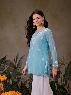 Hand Crafted Blue Georgette Lucknowi Chikankari Short Kurti With Slip 3