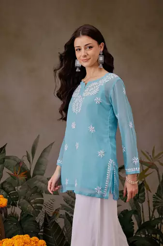 Hand Crafted Blue Georgette Lucknowi Chikankari Short Kurti With Slip