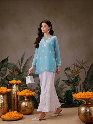 Hand Crafted Blue Georgette Lucknowi Chikankari Short Kurti With Slip 4