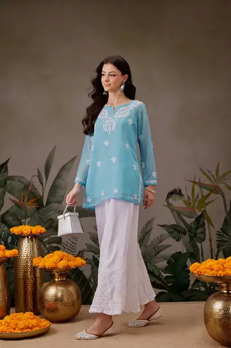 Hand Crafted Blue Georgette Lucknowi Chikankari Short Kurti With Slip
