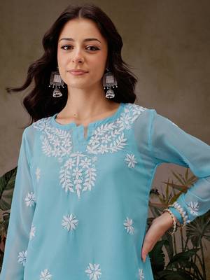 Hand Crafted Blue Georgette Lucknowi Chikankari Short Kurti With Slip 5