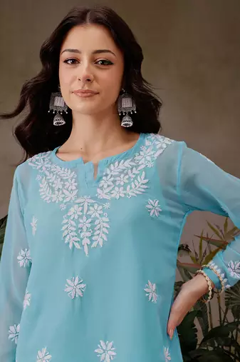 Hand Crafted Blue Georgette Lucknowi Chikankari Short Kurti With Slip