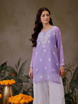 Handmade Mauve Georgette Lucknowi Chikankari Women Straight Short Kurti With Slip 1