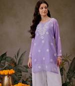 Handmade Mauve Georgette Lucknowi Chikankari Women Straight Short Kurti With Slip