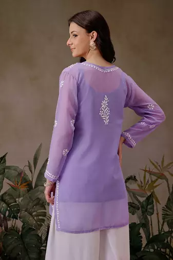 Handmade Mauve Georgette Lucknowi Chikankari Women Straight Short Kurti With Slip