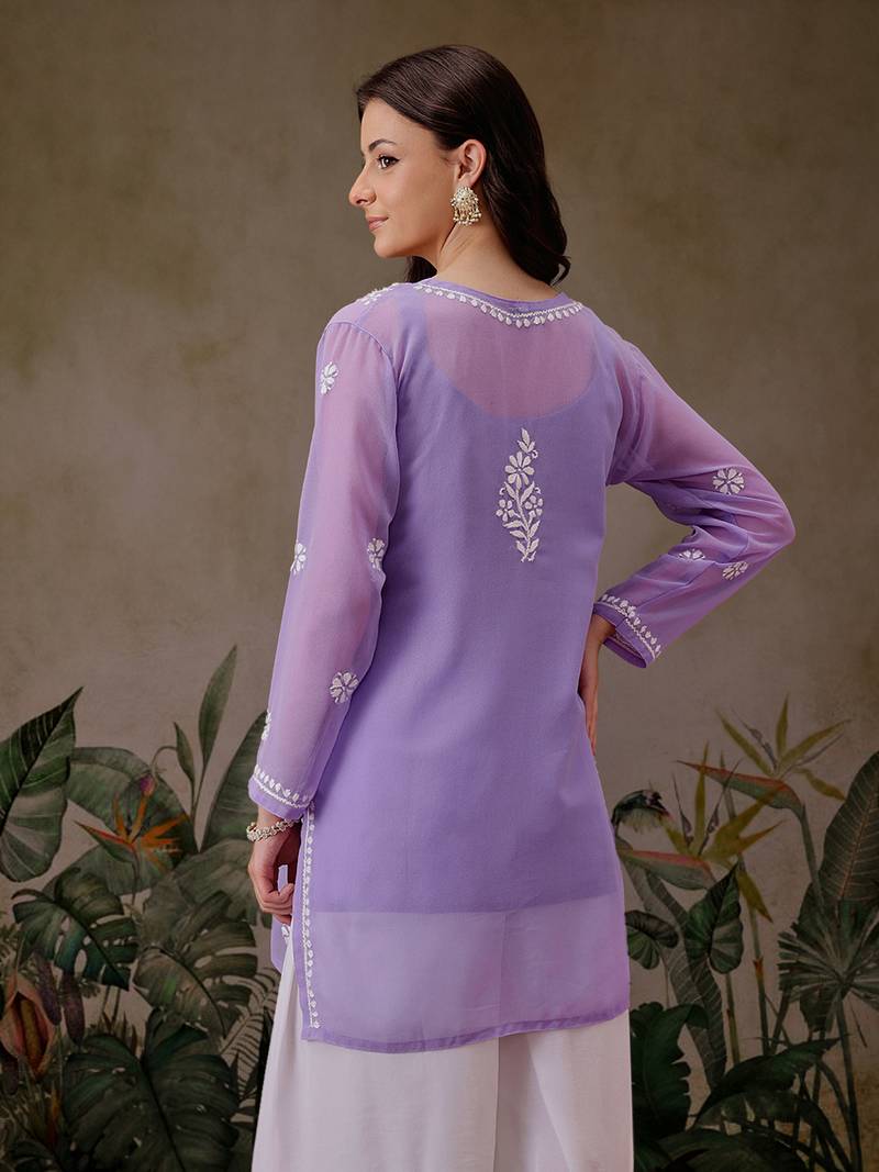 Handmade Mauve Georgette Lucknowi Chikankari Women Straight Short Kurti With Slip