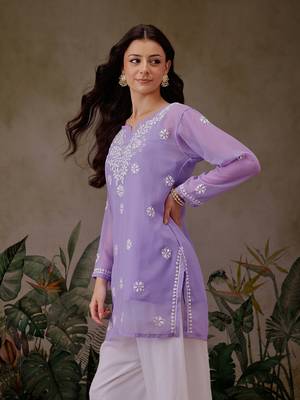 Handmade Mauve Georgette Lucknowi Chikankari Women Straight Short Kurti With Slip 4